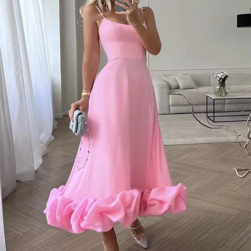 Color: Pink, size: XL - Fashion Suspenders Large Flower Swing Three-dimensional Flower A- Line Skirt Womens Clothing