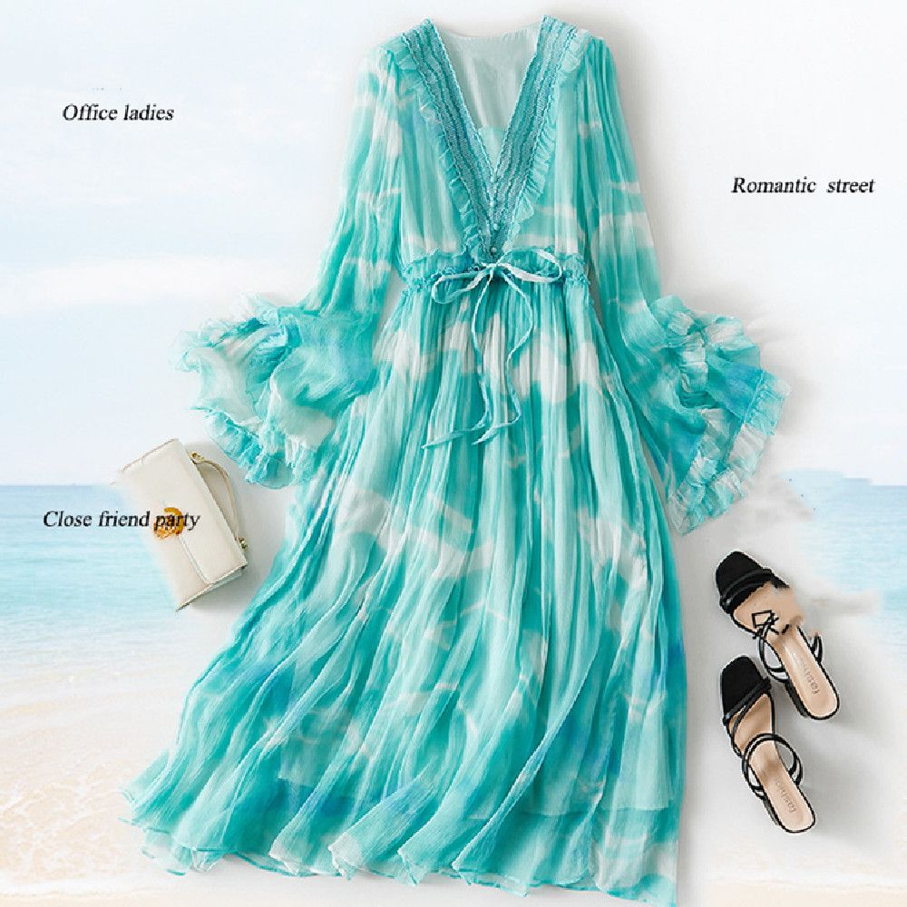 Women&#39;s Clothing Fairy Holiday V-neck Bead Luxury Mulberry Silk Long Dress