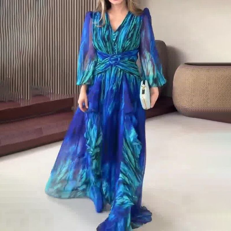 European And American Women&#39;s Clothing Fall V-neck Lantern Sleeve Printed Long Skirt High Waist Slim Temperament Floral Skirt
