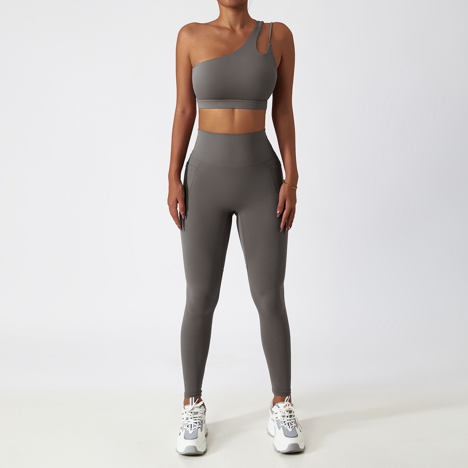 Color: Grey, Size: L-Trousers, style:  - Quick-drying Tight Yoga Clothing Women&#39;s Pocket Running Sports Suit