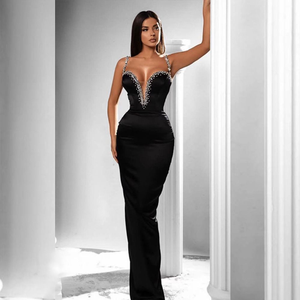 European And American Women&#39;s Clothing Sexy Heavy Industry Rhinestone Deep V-neck Mesh Camisole Dress