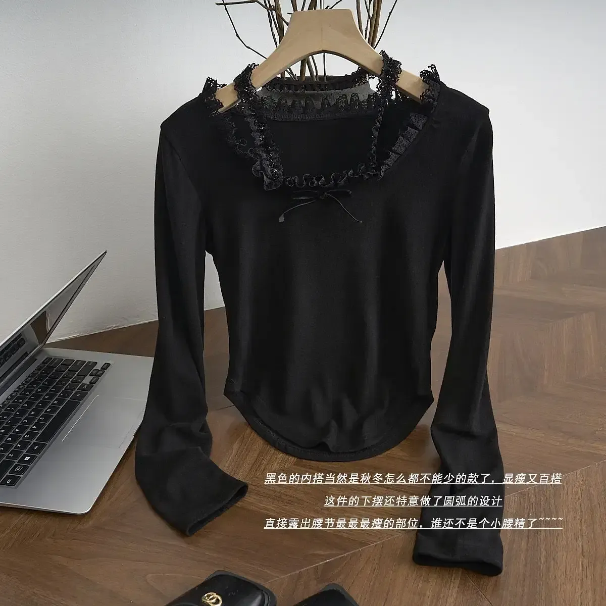 Color: black, Size: L - Lace T Shirt for Women Spring Slim Crop Top Korean Halter Long Sleeve Tees Y2k Solid Ladies Tshirts Femme Bow Sweet Clothing New
