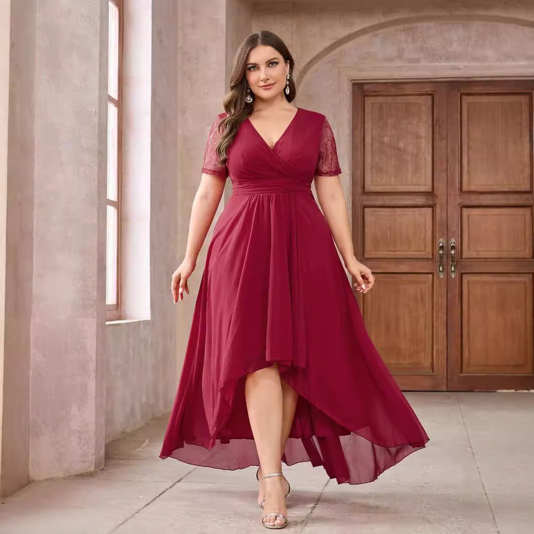 Plus Size Wine Red Elegant Women&#39;s Clothing Dress