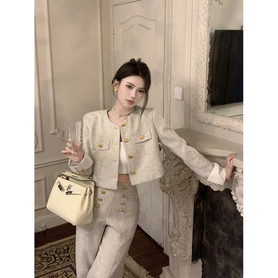 Color: Gray Coat, Size: L - Small French Style Chanel Suit Women&#39;s Autumn Clothing Coat Trousers Two-piece Set