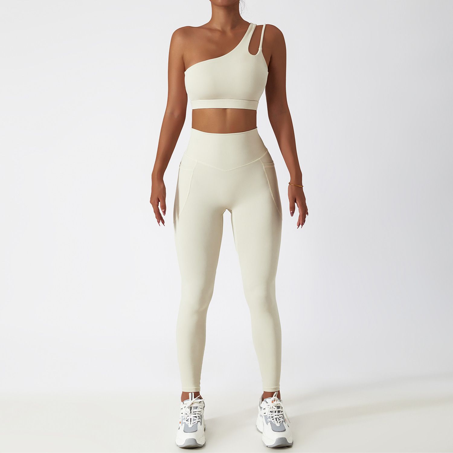 Color: Apricot, Size: M-Trousers, style:  - Quick-drying Tight Yoga Clothing Women&#39;s Pocket Running Sports Suit