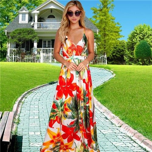 Summer Bohemian Floral Fashion Women Clothing Suspender Long Dress - Red