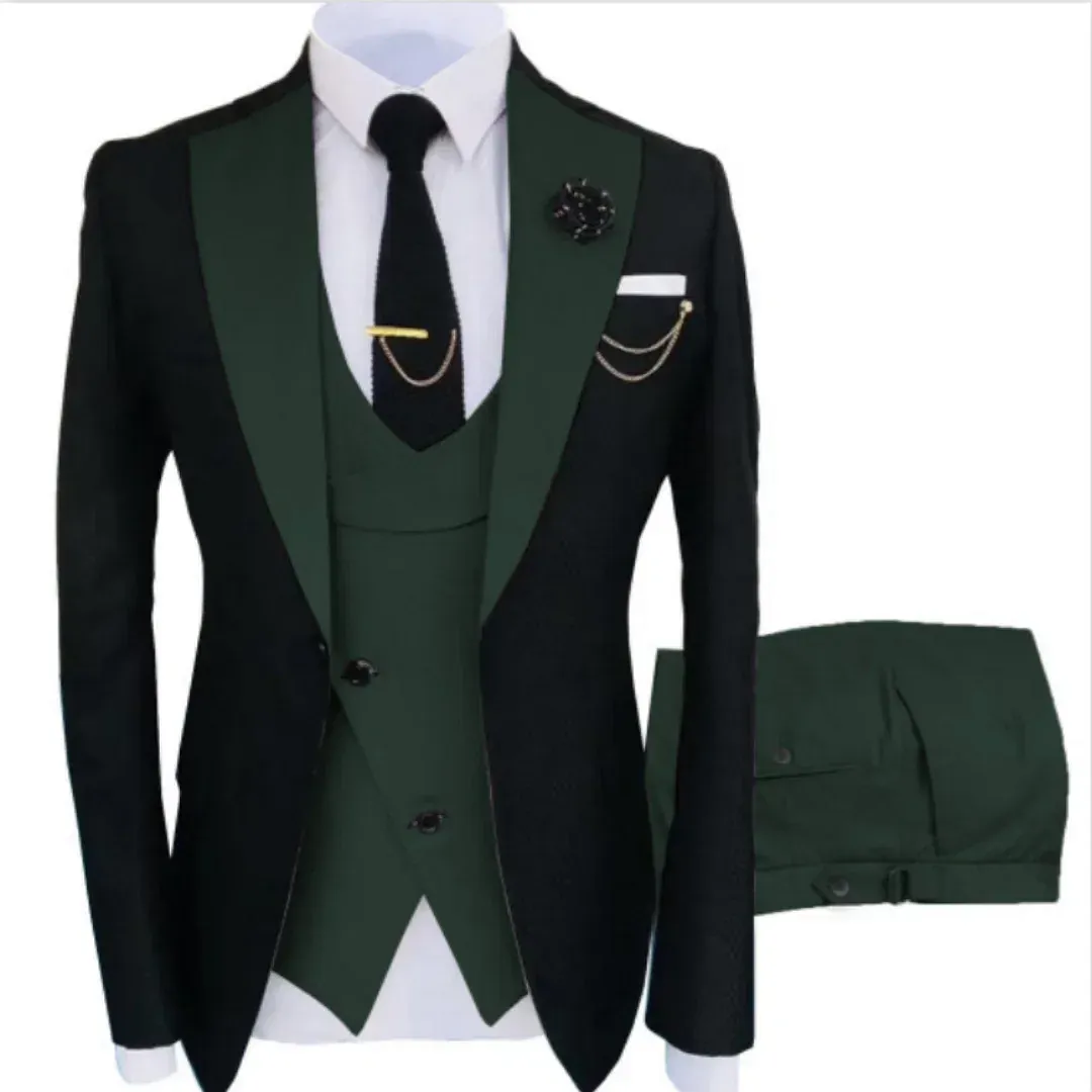 Color: Khaki, Size: XS - Men Suits 3 Pieces Tailored Best Man Groom Wedding Tuxedo Slim Fit Jacquard Two-color Blazer Jacket  Vest Pants Tuxedo Clothing