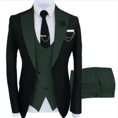 Color: Khaki, Size: XS - Men Suits 3 Pieces Tailored Best Man Groom Wedding Tuxedo Slim Fit Jacquard Two-color Blazer Jacket  Vest Pants Tuxedo Clothing