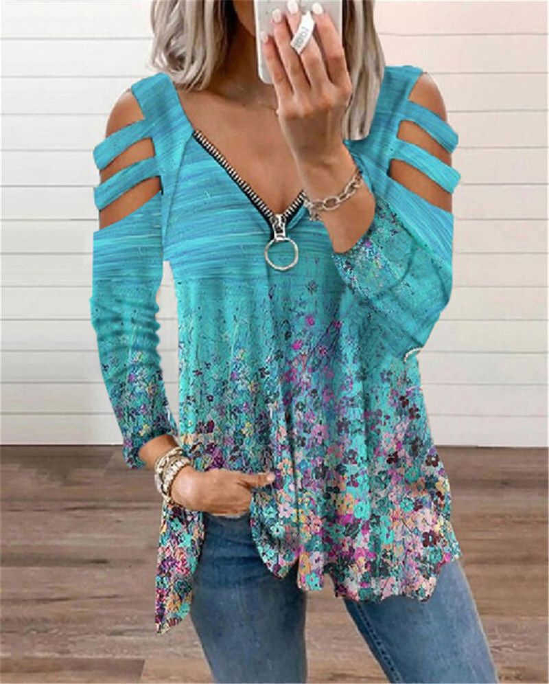 Autumn and Winter Women&#39;s Clothing V-neck Small Floral Zipper Long-sleeved Loose T-shirt Top