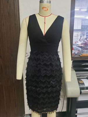 Color: V Black, Size: M - Round Neck Sleeveless Tassel Stitching Women&#39;s Clothing Sequins Dress