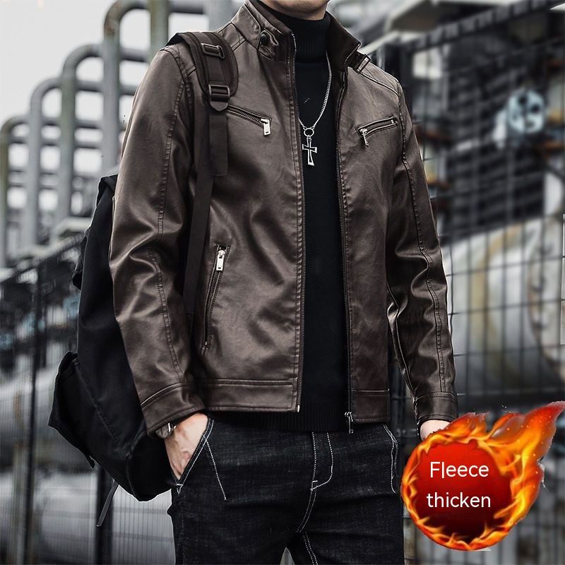 Color: Brown Plus Velvet, size: XL - Men&#39;s Fashion Casual Slim Motorcycle Clothing Leather Jacket
