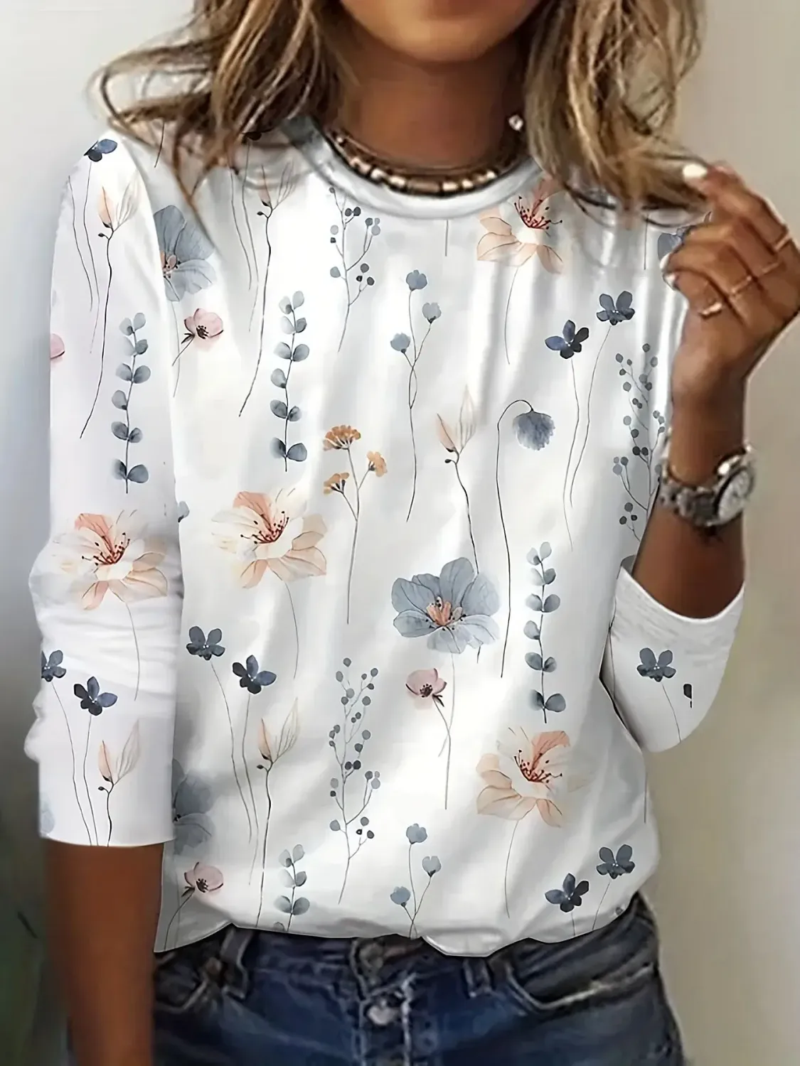 Color: MULTI, Size: M - Floral Print Crew Neck T-Shirt, Casual Long Sleeve Top For Spring &amp; Fall, Women&#39;s Clothing