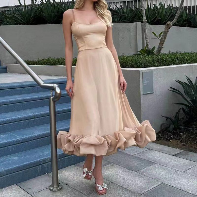Color: Apricot, size: XL - Fashion Suspenders Large Flower Swing Three-dimensional Flower A- Line Skirt Womens Clothing