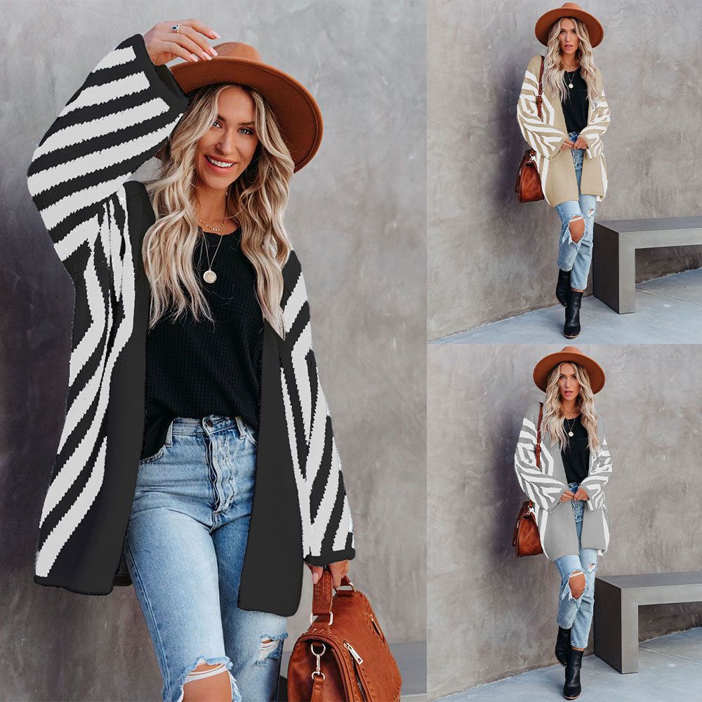 Women&#39;s Clothing V-neck Color-block Striped Loose Oversized Cardigan