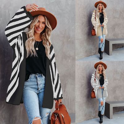Women&#39;s Clothing V-neck Color-block Striped Loose Oversized Cardigan