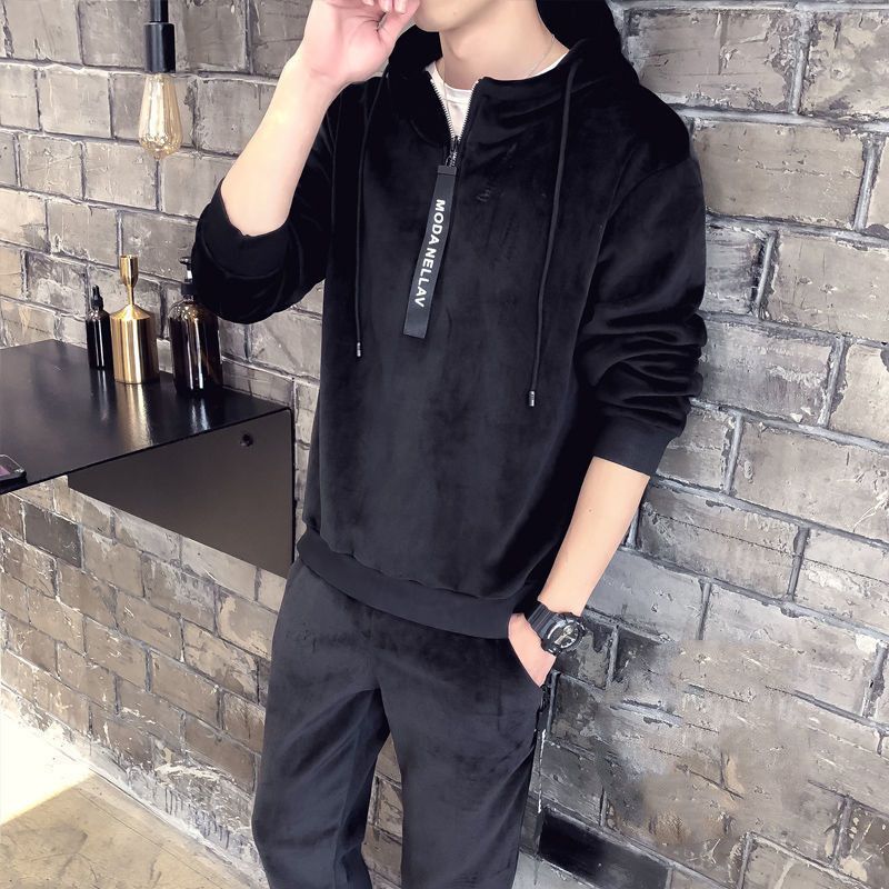 Color: Black, Size: 3XL-Single layer, Style:  - Double-sided gold velvet sweater suit men&#39;s clothing