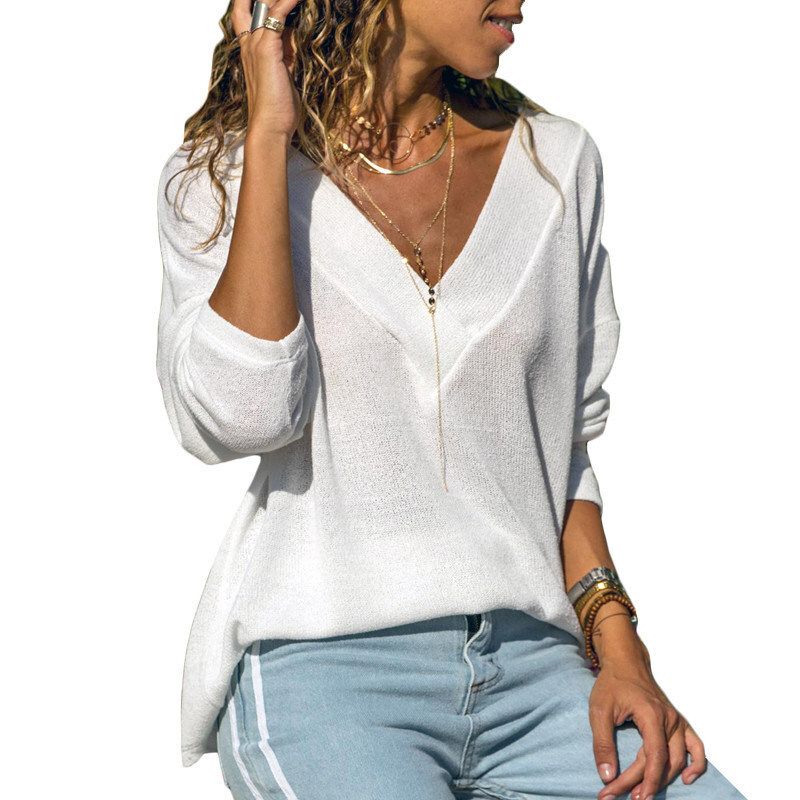 autumn and winter new European and American solid color V-neck long-sleeved knit sweater shirt women&#39;s clothing