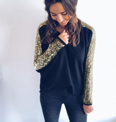 European and American fashion peach heart collar modern shining sequins head long sleeve T-shirt women&#39;s clothing