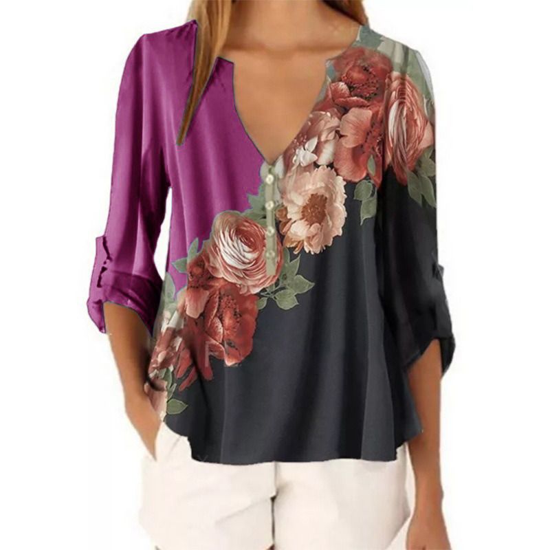 Autumn and Winter New Women&#39;s Clothing V-neck Floral Print Shirt Top Chiffon Shirt