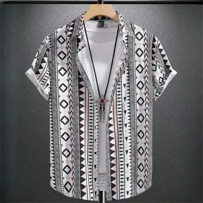 Color: Turquoise, Size: 4XL - Vintage Hawaiian Shirts For Men Ethnic Pattern Printed Short Sleeve Tops Fashion Casual Men Clothing Loose Oversized Men&#39;s Shirt