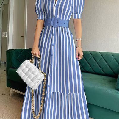 Elegant Striped Lace Up Long Dress; Short Sleeve V-neck Swing Belt Summer Long Dresses; Women&#39;s Clothing