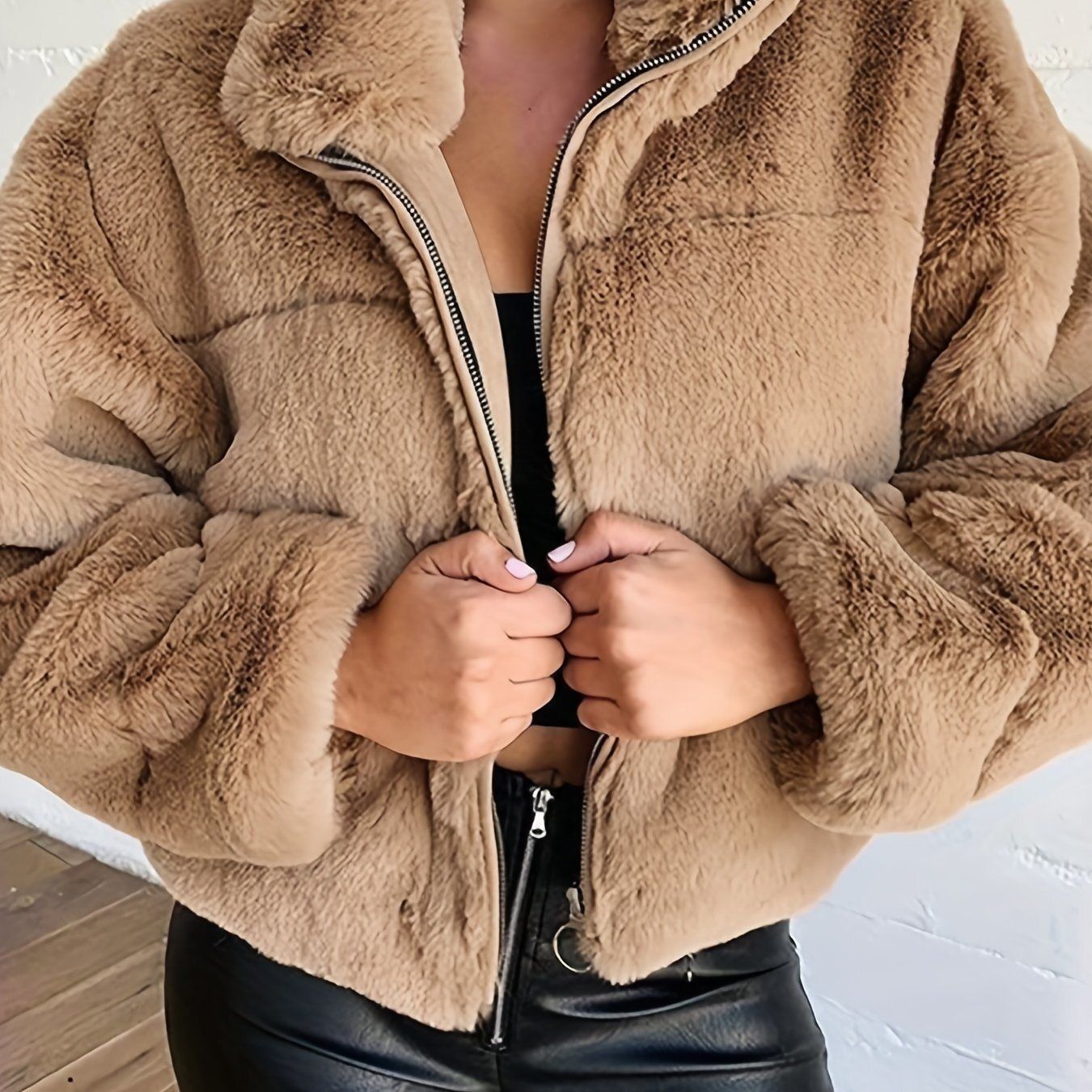 Solid Zip Up Fuzzy Coat, Casual Long Sleeve Lapel Outwear, Women&#39;s Clothing