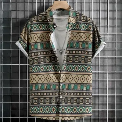 Color: Silver, Size: 5XL - Vintage Hawaiian Shirts For Men Ethnic Pattern Printed Short Sleeve Tops Fashion Casual Men Clothing Loose Oversized Men&#39;s Shirt