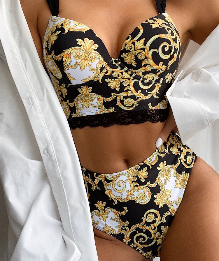 Color: Black, style: C, Size: S - 2020 European And American New Women&#39;s Swimwear Temperament Totem Explosion Style Swimwear Split Swimsuit Lace Strap Bikini