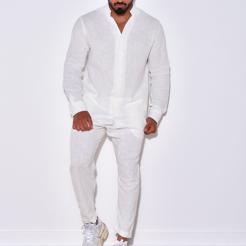 Color: White, Size: S - Men&#39;s Linen Solid Color Lounge Suit Long Sleeves