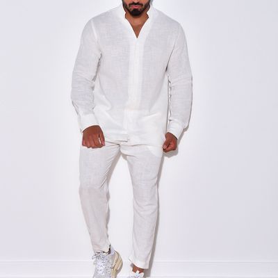 Color: White, Size: S - Men&#39;s Linen Solid Color Lounge Suit Long Sleeves