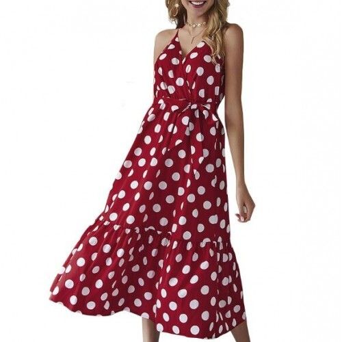 Polka Dot Shoulder-straps High Fashion Women Dress - Red
