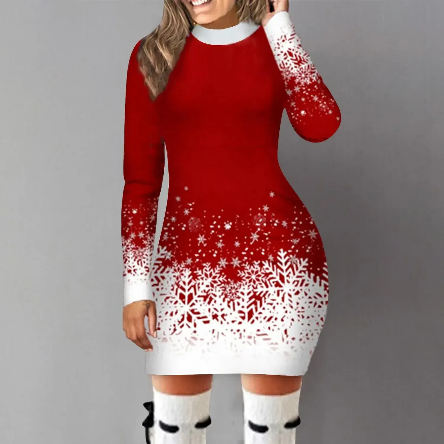 Color: Red, Size: XL, Ships From: CN - Women&#39;s Christmas Dress Hip Wrap Slim Fit Autumn Winter 2024 Dresses Round Neck Snowflake Printed Long-sleeved Party Clothes