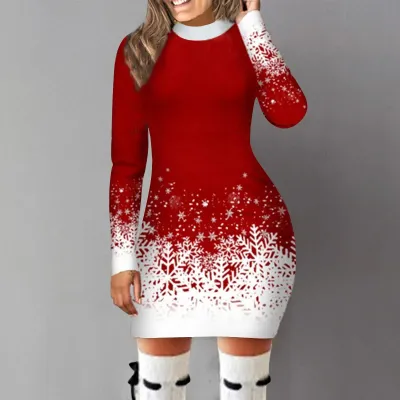 Color: Red, Size: XL, Ships From: CN - Women&#39;s Christmas Dress Hip Wrap Slim Fit Autumn Winter 2024 Dresses Round Neck Snowflake Printed Long-sleeved Party Clothes