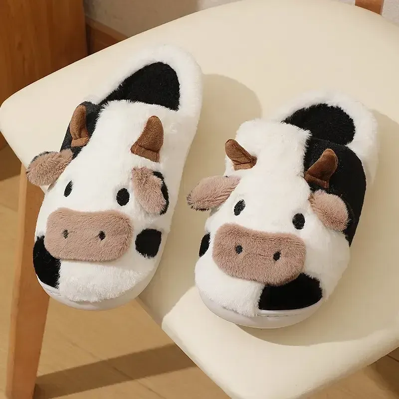 Color: black, Shoe Size: 45 - New Winter Unisex Cartoon Cow Warm Plush Slippers Couple&#39;s Indoor Non-slip House Mule Men And Women Toe Wrap Home Cotton Shoes