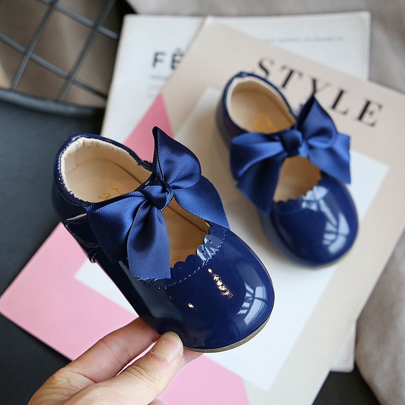 Color: Navy Blue, Size: 17 - Baby Girl Cute Bow Princess Shoes Small Leather Shoes