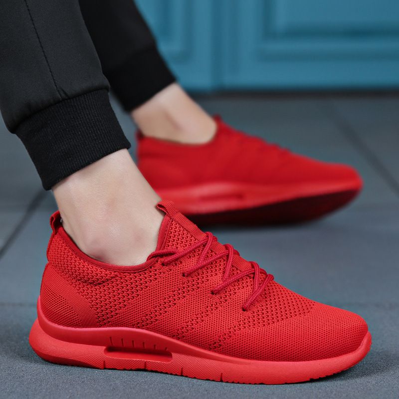 Color: Red 1, Size: 42 - Men&#39;s Shoes Mesh Breathable Male Shoes Lace Up  Male Casual Shoes
