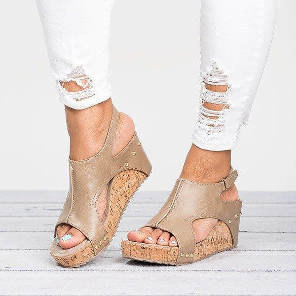 Color: Khaki, Size: 41 - Open-Toe Wedge Sandals