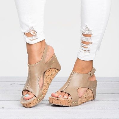 Color: Khaki, Size: 41 - Open-Toe Wedge Sandals