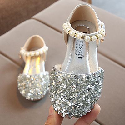 Color: Sliver, Size: 35 - Girls pearl half sandals