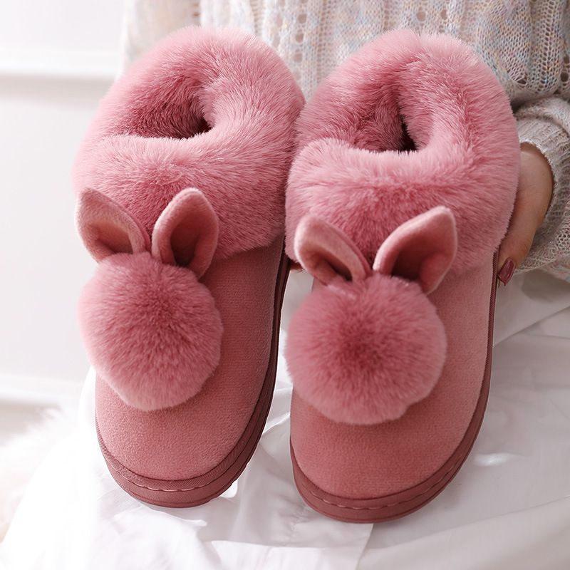 Color: Brown3PCS, Size: 38 to 39 - Autumn Winter Cotton Slippers Fur Rabbit Home Warm Thick Bottom Indoor Cotton Shoes Womens Slippers Cute Fluffy Cat Slippers