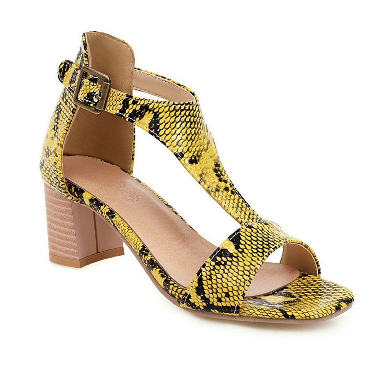 Color: Yellow, Size: 46 - Snakeskin high-heeled chunky sandals