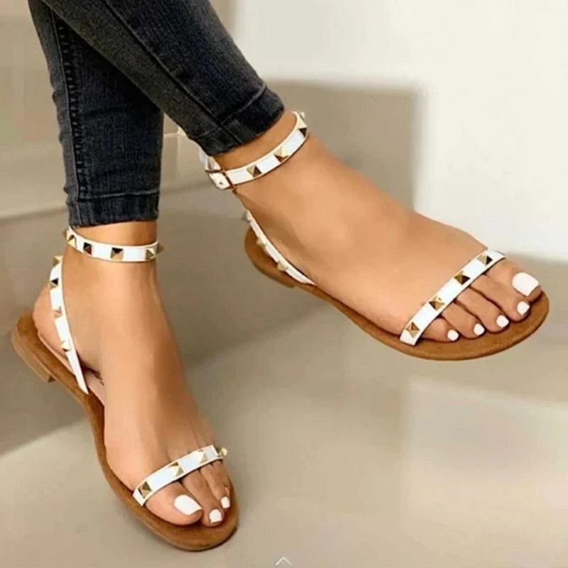 Color: White, Size: 39 - Women&#39;s buckle strap rivet sandals