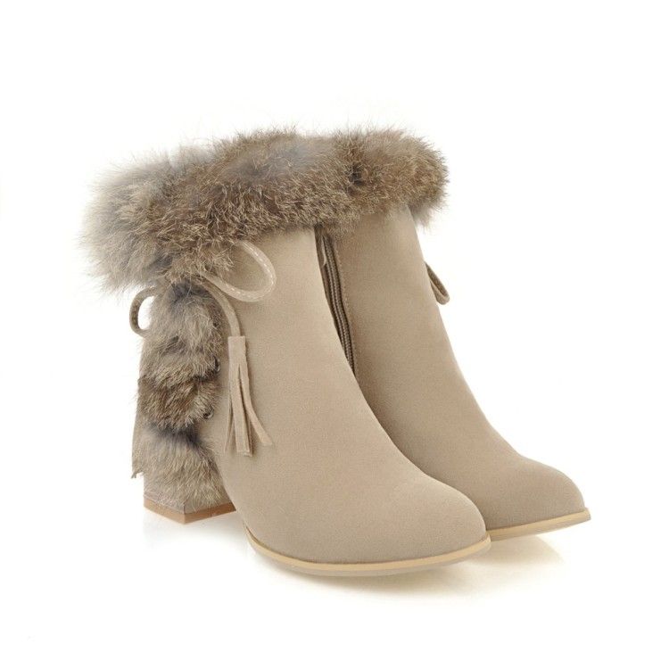 Color: Beige, Size: 39 - Faux rabbit fur lace-up chunky heel boots