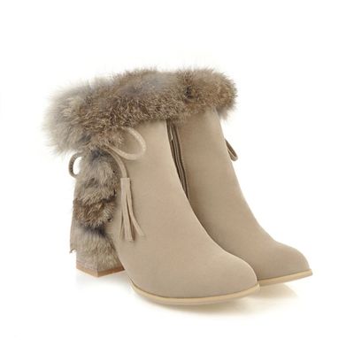 Color: Beige, Size: 39 - Faux rabbit fur lace-up chunky heel boots