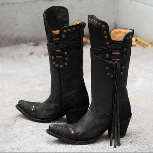 Color: Black, Size: 41 - Fringed Pointed Boots
