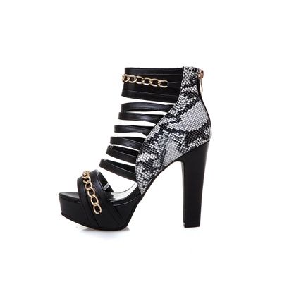Color: Black, Size: 35 - Snake Print Color Block Platform Metal Chain Sandals