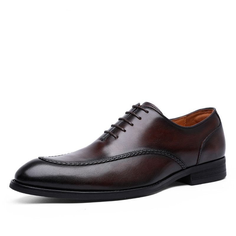Color: Dark brown, Size: 46 - Top Layer Cowhide Rubber Compound Sole Lace-Up Shoes