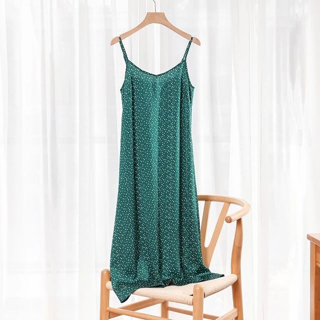 Color: Green polka dot, Size: M - Fashion High Quality Women&#39;s Dress Summer Spaghetti Satin Lo