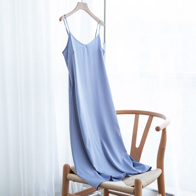 Color: Light Blue, Size: 2XL - Fashion High Quality Women&#39;s Dress Summer Spaghetti Satin Lo