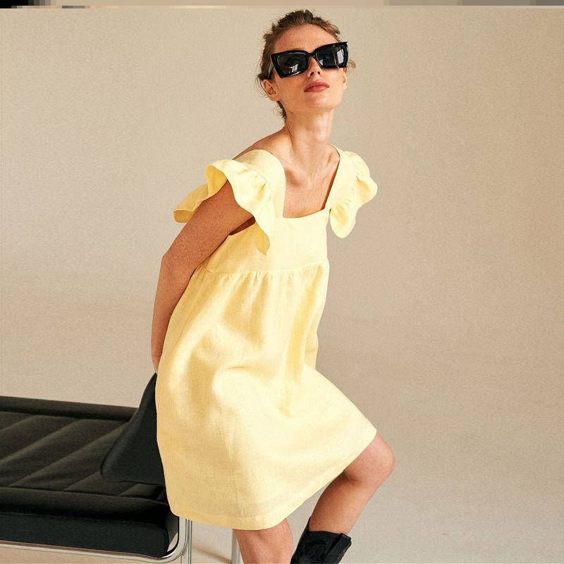 Color: Yellow, Size: M - Casual Dress Women Yellow Skirt Loose Casual Ruffled Flying Sleeve Dress Chiffon Skirt